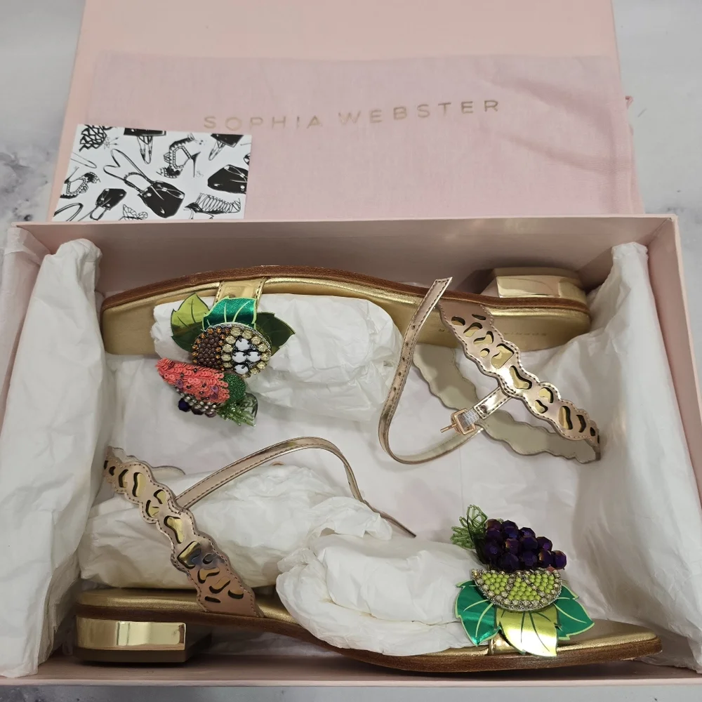 🍉🍍 SOPHIA WEBSTER 🍇🍋 Lilico Fruit Flat Sandal Rose Gold - EU 38.5 - HTF EUC